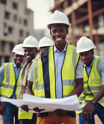 At a construction site, two people wearing hard hats and holding coffee cups stand on a scaffold pointing towards an ongoing project. The construction area is filled with scaffolding, construction materials such as bricks and wooden planks, and several workers in green uniforms actively working.